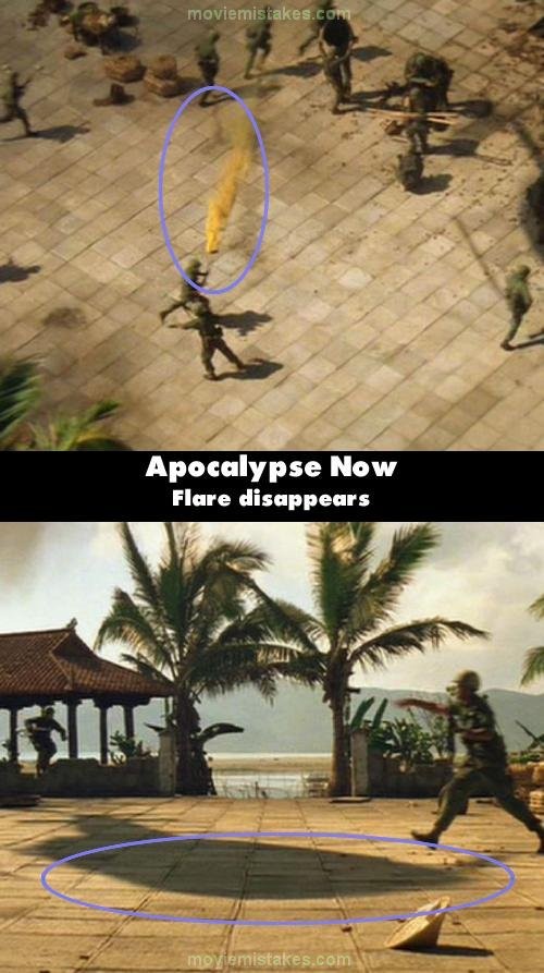 Phim Apocalypse Now (Ngày tận thế), cảnh từ trên xuống, khán giả thấy có một ngọn lửa màu vàng giữa sân, nhưng nhìn từ dưới, ngọn lửa màu vàng biến mất, thay vào đó là một chiếc nón đang nằm chỏng chơ trên đất
